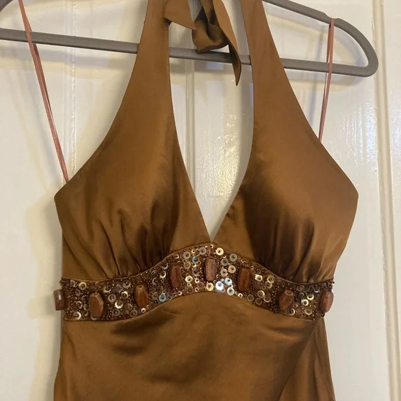 Y2K Brown Silk Halter Tank Top- Beaded, Vintage - Picture 2 of 8